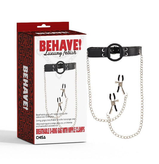BEHAVE BREATHABLE O RING GAG WITH NIPPLE CLAMPS
